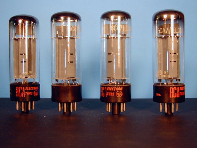 RCA-branded Mullard Xf2 double halo EL34/6CA7 - NOS (matched quad) - Vacuum Tube Valley calls these the "Holy Grail of EL 34's" (and they would want more than $400.00 for just TWO of them - IF they had any in stock. They don't.) Tube World has a pair available for $375.00. Of course, they aren't really that well matched. These tubes are VERY closely matched NOS Mullard-manufactured, RCA-branded Xf2 double halo mid 60's production tubes.