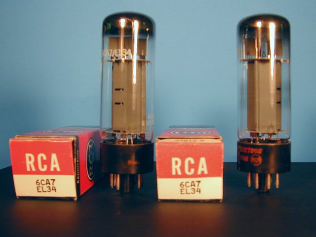 RCA-branded Mullard Xf2 double halo EL34/6CA7 - NOS/NIB (matched pair) - This is a matched pair of Mullard-manufactured, RCA-branded, mid-60's production Xf2 double-halo getter NOS/NIB EL 34/6CA 7's. These are absolutely unused, except to test them.
