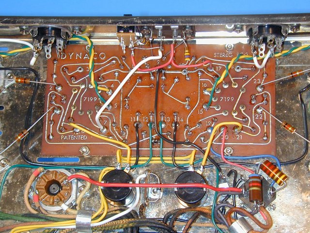 Dynaco Stereo 70 - Bottom of Driver Board and associated wiring. - Note that the Power Take-Off sockets are not wired except for the "biaset" connection. (In order to keep hum and noise to a minimum.) The "grid stopper" resistors are arranged the way Dynaco factory-wired the Stereo 70. Also note the Spectrol 10-turn bias potentiometers and the 2 Watt resistors associated with the main B supply.