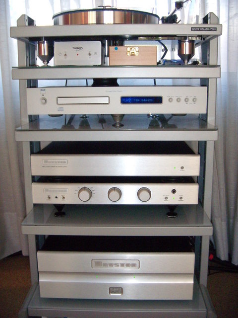 Bryston 4B SST, BP26DA, NAD S500, Thorens TD2030 - XLR IC= Audioquest King Cobra, Panther.
Speakers: Audioquest Mammoth and Tara labs RSC 1000.
Phono preamp: Musical Surroundigs phonomena with battery power supply.
Phono RCA IC: Audioquest Jaguar.
Power conditioner: Isotek Minisub
Poer cables: Audioquest RS-5 RS-3 PS Audio Punch, DH labs.