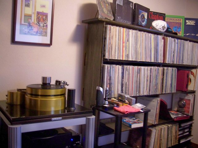 Vinyl storge - Home built LP storage shelf. We turned the bedroom behind listening room wall in to a full blown audio storage and gear room.