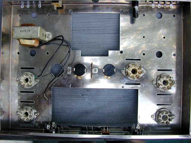 Mechanical Assembly - under chassis picture - Here is an under-chassis picture of my second Stereo 70 rebuild during the initial re-assembly. Note the ceramic tube sockets. Also note that the damage at the fuse holder area has been repaired to a "reasonably acceptable" level. It isn't *perfect*, but it is certainly a LOT better than it started out.