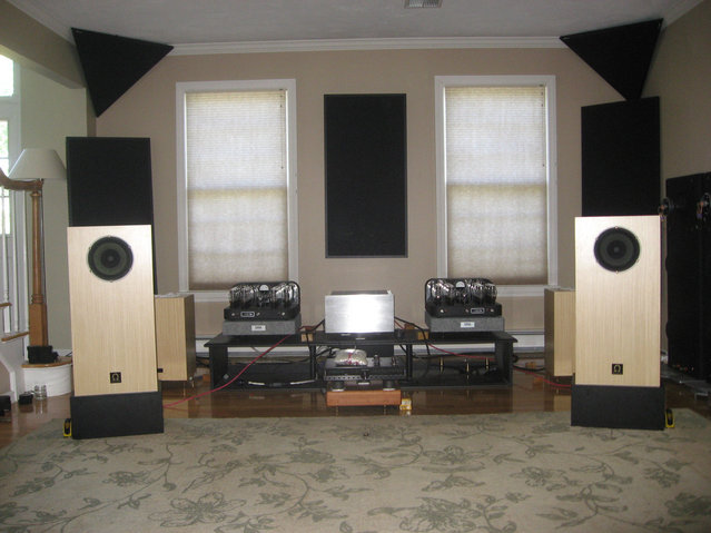 Front of Room as of 8-22-08 - Omega Revolutions with Alinco Hemp drivers
Omega Deep Hemp subs
Modwright Transporter with NOS tubes
Black Sand Cable Power Cords (Statement One, Silver Reference Mk V, Violet Mk II)
Gregg Straley Reality speaker cable
Running Springs Audio Haley