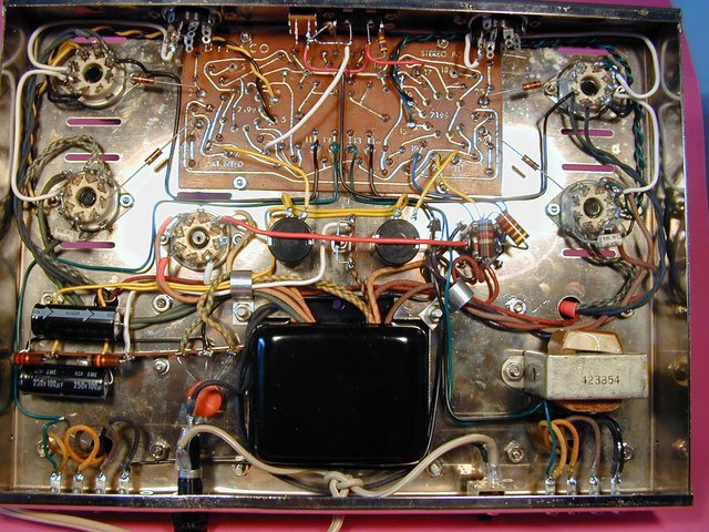 Completed Stereo 70 - "Don't Call Me 'Dimples'!" - Under-chassis Shot - Here is the under-chassis picture of "Don't Call Me 'Dimples'!" Looks a LOT like our first Stereo 70 project "Nothin' Fancy." But notice the ceramic tube sockets and look VERY carefully at the bias supply. The 1 Watt resistor at the far left side of the terminal strip is now an 8.2K resistor in order to accommodate tubes that require more negative bias to set the "idle" operating point of the EL 34's.