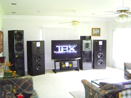 Finished system - What you can't see in this picture are the twin B & W DM 303s for the center backs and the Bang and Olufsen Redline 60's I've modified and mounted in parallel with the Polk in ceiling RC 85-I surrounds. A true movie and musical reproduction at its finest. 16-15" passive radiators in the mains and subs, and 4 more smaller Tymphany passives in my modified Bang and Olufsen RL 60 surrounds.