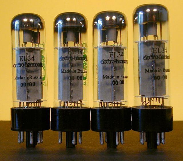 Electro-Harmonix EL34EH - factory-matched quad - This is a factory-matched quad of Electro-Harmonix EL34EH tubes. I find it interesting that one tube is about 1/4" taller than the others! Still, (acording to the factory) these are absolutely PERFECTLY matched.