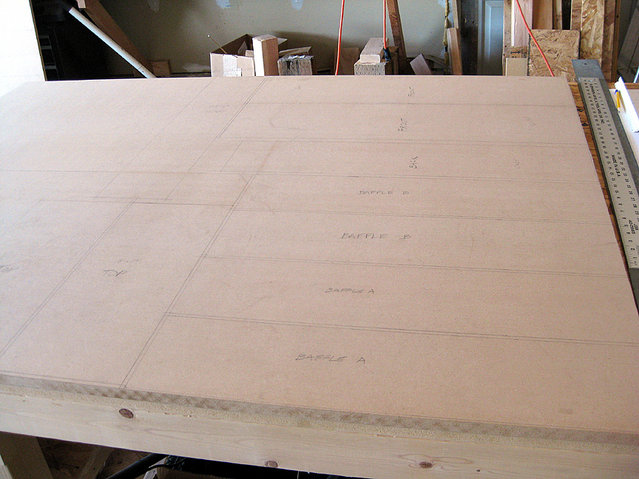 IMG 0231.JPG - Layout of the pieces on Â¾" MDF. I bought the Â¾" and 1â…›" MDF from a local lumber yard and not one of the "big box" stores. I don't think the MDF from the "big box" stores is of very good quality.