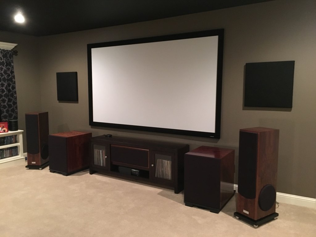 Front Wall- All in spalted bee's wing makore. 
Sound Scape 8 towers, 7C center, and Salk/Rythmik 15" dual subs.