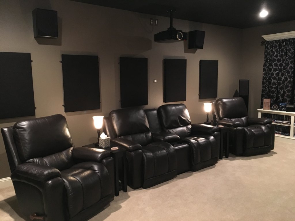 Back wall- 
HT1-TL surrounds and custom made Salk down firing, wall mount rear surrounds.