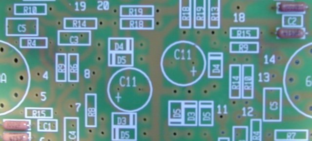 Audio by Van Alstine "Ultimate Stereo 70" Rebuild Kit - Resistors - First four - Installed - Here is a picture of the first four resistors installed in the "Ultimate Stereo 70" Printed Circuit board. Note that you can easily read the values of the resistors and that they are oriented in the same direction so you don't have to turn the board around and around to read them. Believe me, it helps!