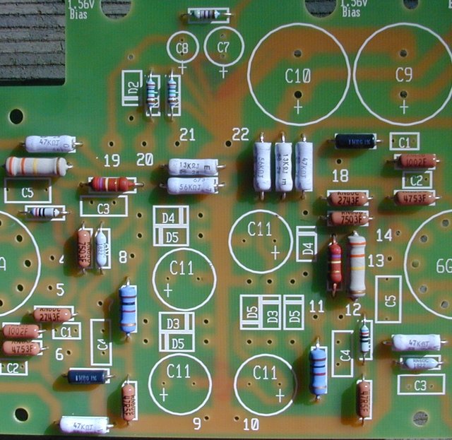 Audio by Van Alstine "Ultimate Stereo 70" Rebuild Kit - Resistors - Installed - The first phase of assembly is complete. All resistors have been installed and soldered. (Four others, not shown). Notice that every resistor value can be read from the top of the board.