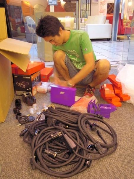 Studio Migmig Recording Engineer Sato Mitsugu solving the cable maze