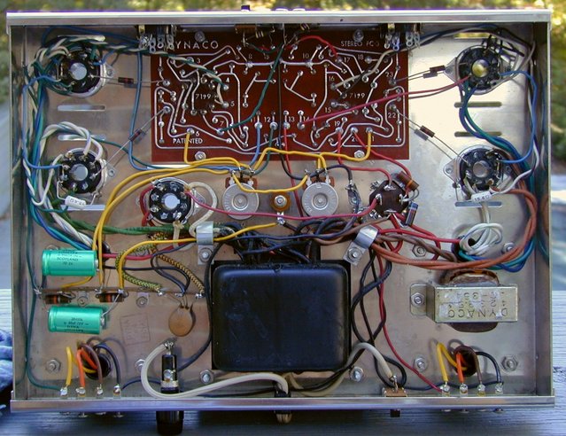 Dynaco Stereo 70 - Factoy-Wired Version - Bottom of amplifier. - Here's how Dynaco wired 'em! This is a factory-wired Dynaco Stereo 70, circa: 1970. If you look closely, you can see the factory inspection stamp to the left of the Power Transformer. This is an un-molested original. NOTHING has been replaced. All parts are in good working order and the amplifier sounds just beautiful!