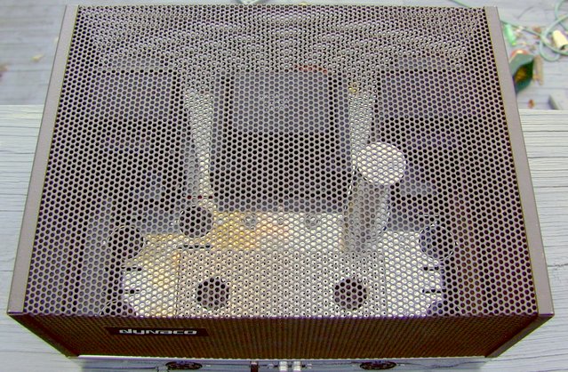 Dynaco Stereo 70 - Factoy-Wired Version - Main View - With Tube Cage/Cover - Here is the Main View of this 1970 factory-wired Dynaco Stereo 70.