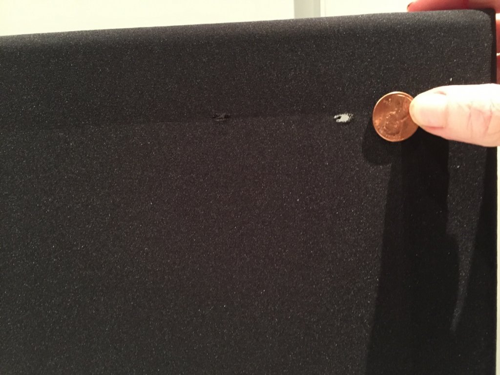 Only cosmetic issue is a couple of small holes in grille fabric (easily replaced if it bothers you)... photographed here with white background; when installed against black baffle, it's hardly noticeable.