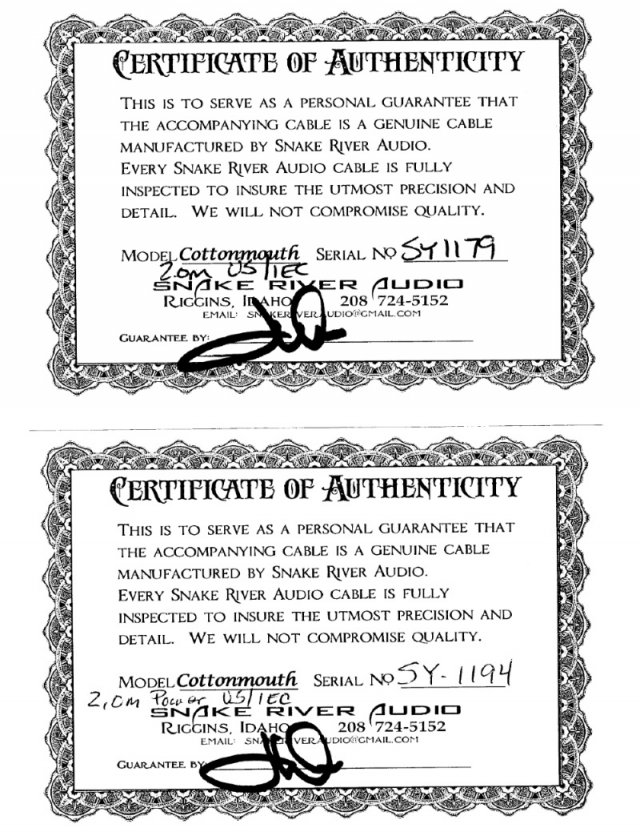 Cottonmouth Gold power cords SY1194 & SY1179 cert of authenticity