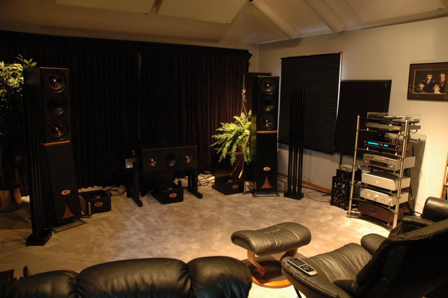 Another diagonal view of room, showing new Sistrum SP6 rack housing audio tower - trusty Philips Pronto 9400 remote at my side
