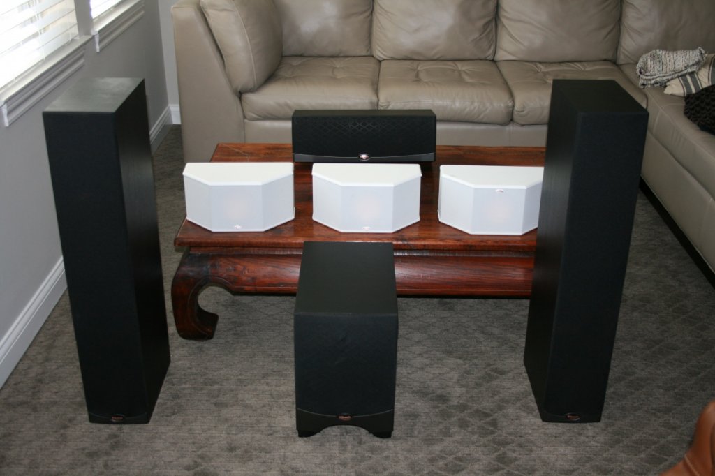 Klipsch Surround Sound Speaker System with grills on