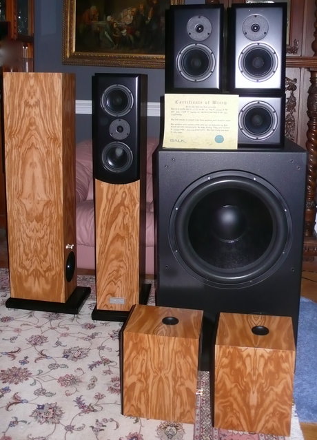 7.1 system speakers and subwoofer - This is my 7.1 system. 2 Salk Songtowers, 1 Song Center, and 4 Song Surrounds custom made (w/ birth certificate) in olivewood plus one Epik Conquest.