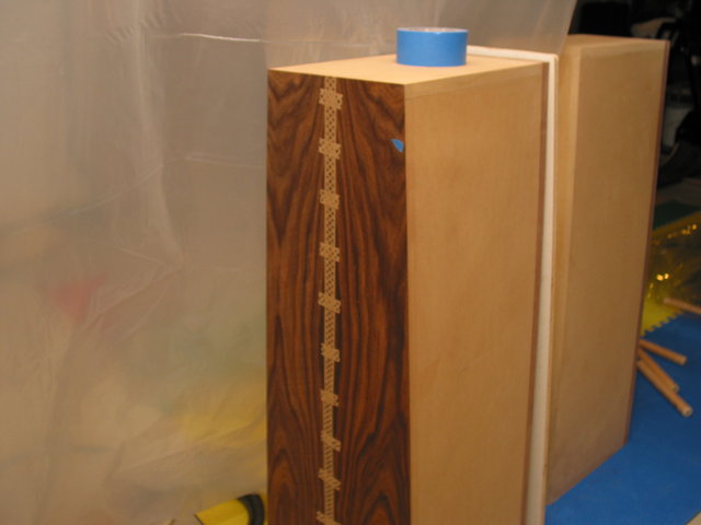 The first side of the speaker (back) is freshly pulled from the veneer press. - Actually I flush routed the edges and then took the picture.