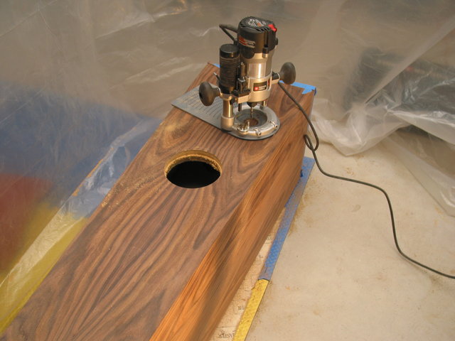The first hole cut in the speaker! - This is the back of the speaker and this is the hold for the rear port.