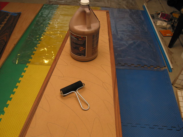 I used cold press glue and a roller. - Using a colored veneer glue was the way to go because any gaps were hidden by the underlying closely matched glue color. I think my seams were tight enough that I didn't have to worry so much, but buying the right glue color is the way to go. I think they have light, medium, and dark and this is dark.