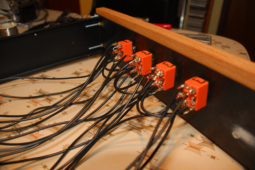 Wireing in my DIY RCA switchbox - Four 2 position switches control the selection of 8 stereo RCA Inputs