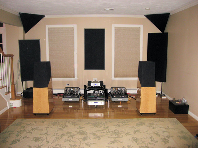 Front of the room as of 3-3-09 - Vandy 5A's
Atma-Sphere MA-1's on Silent Running Audio 3.0 VR Series IsoBASE platforms
Modwright Transporter on a Sistrum SP-1 platform
Plinius M8 preamp on a Sistrum SP-101 platform
Runnings Springs Audio Haley
Furman spr-20i voltage regulator
Kaplan Cable 15 amp conditioner power cords with rhodium connectors
Kaplan Cable 3 amp conditioner cords with copper connector
Kaplan Cable power cords with copper connectors
Gregg Straley speaker cable (two runs)
VH Audio Spectrum Cu ic's
AQ Panther XLR ic's