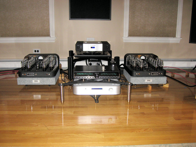 new setup of gear as of 3-3-09 - Atma-Sphere MA-1's on Silent Running Audio 3.0 VR Series IsoBASE platforms
Modwright Transporter on a Sistrum SP-1 platform
Plinius M8 preamp on a Sistrum SP-101 platform
Runnings Springs Audio Haley
Furman spr-20i voltage regulator
Kaplan Cable 15 amp conditioner power cords with rhodium connectors
Kaplan Cable 3 amp conditioner cords with copper connector
Kaplan Cable power cords with copper connectors
Gregg Straley speaker cable (two runs)
VH Audio Spectrum Cu ic's
AQ Panther XLR ic's