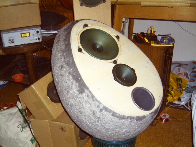 egg design speaker, made from papermache with Saba