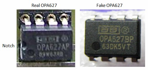 Real vs fake OPA627 - The fake chip does not have the notch on the left side. The real OPA627 measures about 50K between pins 1 and 5 and the fake measures 6K (same reading if you swap the meter leads).