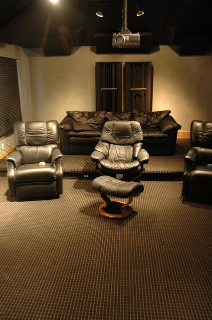 Rear view of new remodeled work, including riser, carpeting and paint - Lighting is distorting the actual colors (RL Suede gray walls), black/w silver striped carpeting.