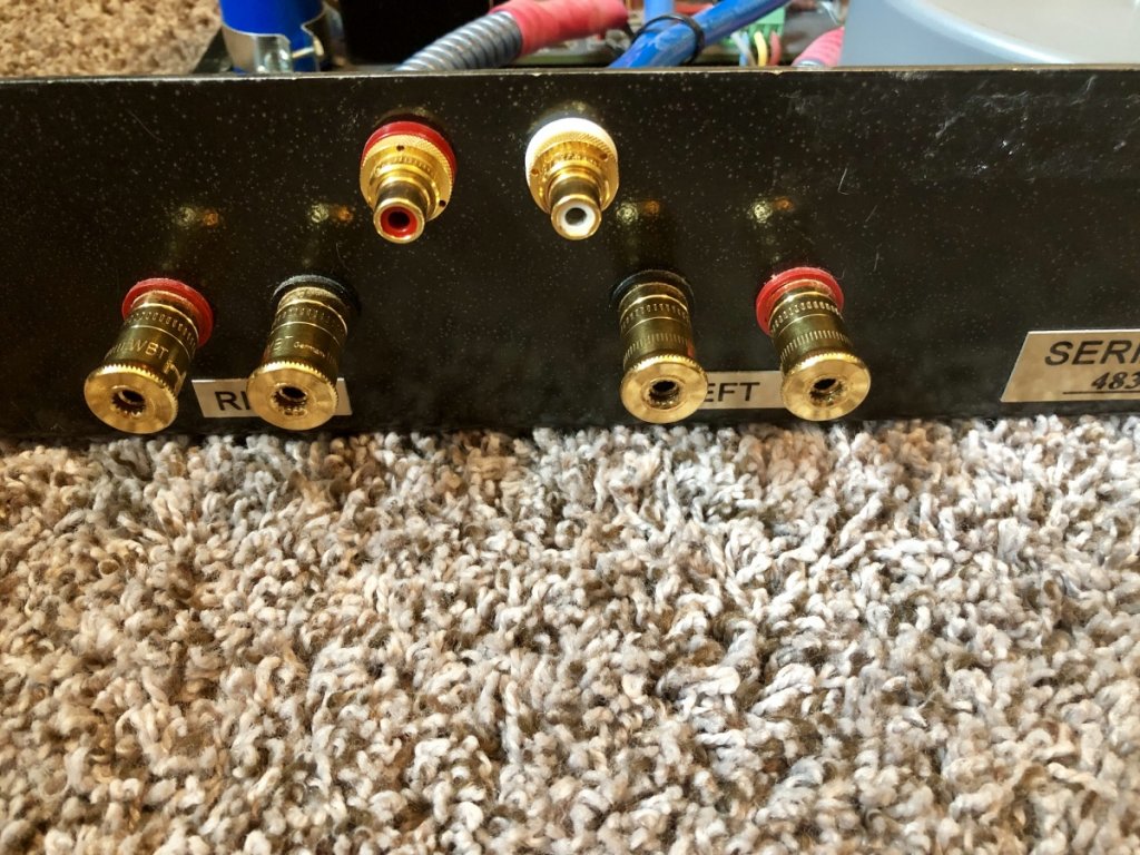 Backside- showing 24k gold WBT speaker connectors and RCA inputs