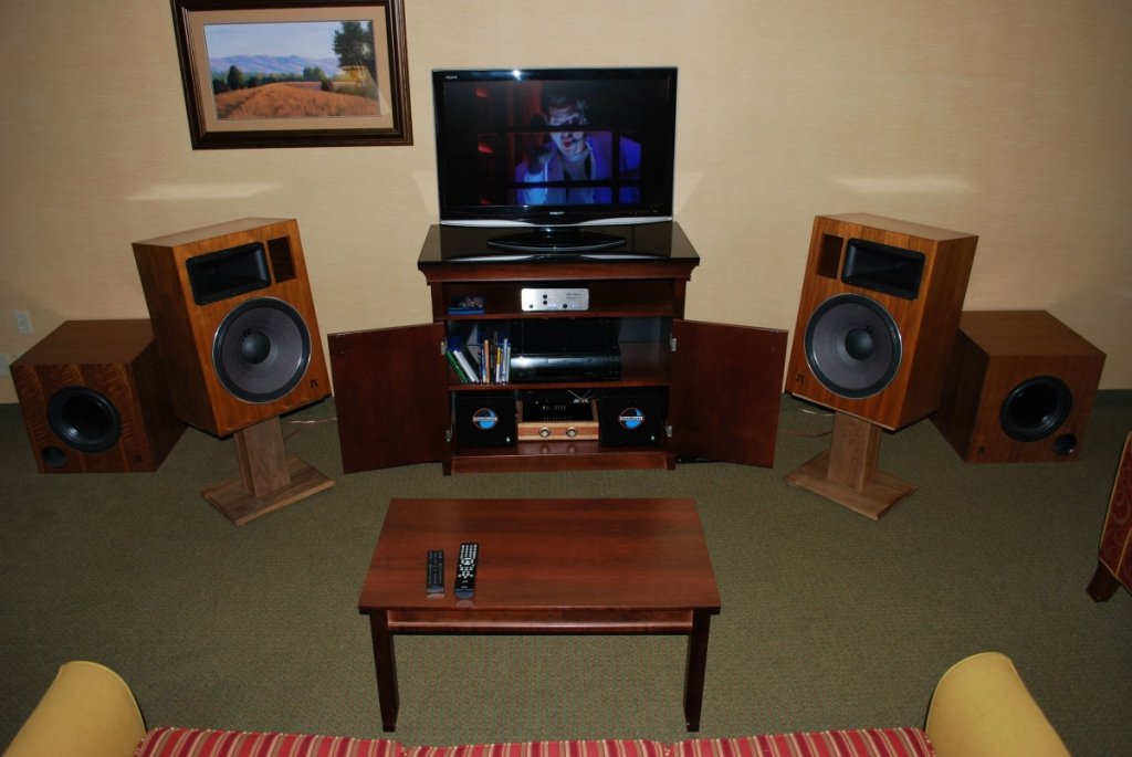 Pi Speakers four π mains with flanking three π subs