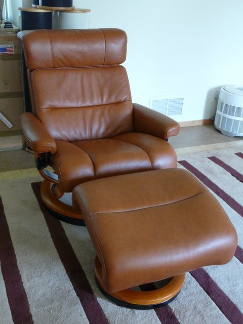The New Listening Chair - My new recliner for listening to music. Ekornes Savannah in Tiger Eye Cherry. Nicest piece of furniture I've ever owned, mega comfy.