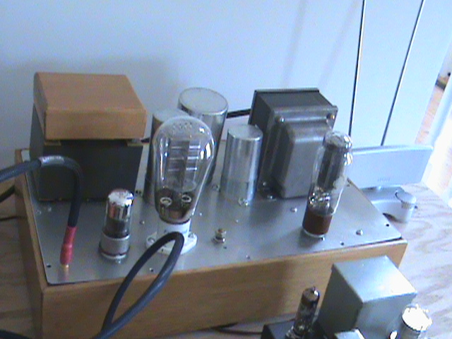 Angela Instruments 300B monoblock - This is the blurb from the seller/guy I traded with.

I had been reading an article in the first issue of â€œSound Practicesâ€ about the famous Western Electric 91A single ended 300B tube amplifier written by Joe Roberts ie â€œthe Joe Listâ€. 

While looking at the Angela Instruments website angeladotcom I noticed that Steve offered a schematic and parts to build a version of this amplifier. 

I built these two mono block amps using mostly components from Angela Instruments including: 
Oil/Polyprop 15uF, 30uF and 50uF capacitors, (Large oil filled cans on top of chassis)

Angela/Jensen/Audio Note .22/630V Paper in Oil Copper Foil Coupling capacitors

Angela/SCR Solen Fast Cap Metallized Polypropylene capacitors,

Angela Universal Power Transformer wired for 120V and Sophia Electric 300B Output Transformers designed for their mesh plate tubes with 4 and 8 ohm secondary.

The tube lineup is: Full Music (Sophia Electric) Mesh Plate 300B
Mullard GZ37 Rectifier
Sylvania 6SJ7 

I read a review from Enjoy the Music ,Comparing the best 300B tubes and this article said the best was the TJ 300B Mesh Anode Globe (a house name for the Sophia Electric 300B mesh plate) Full Music was another house name but they are all the same tube by the same manufacturer, Sophia Electric.

The amplifiers have Sophia Electric Mesh Plate 300B tubes and matching Sophia Electric single ended output transformers. These transformers weigh about 13 lbs each.