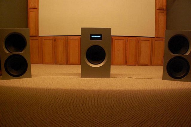 Diminutive Duets - Squeeze Box (SB3) mounted in center channel. 
All 15" Hawthorne Audio Silver Iris drivers mounted in DIY sand filled baffles