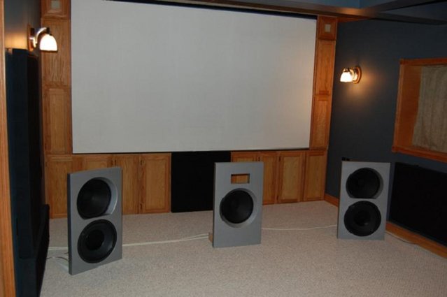 Diminutive Duets - Squeeze Box (SB3) soon to be mounted in center channel. 
All 15" Hawthorne Audio Silver Iris drivers mounted in DIY sand filled baffles
