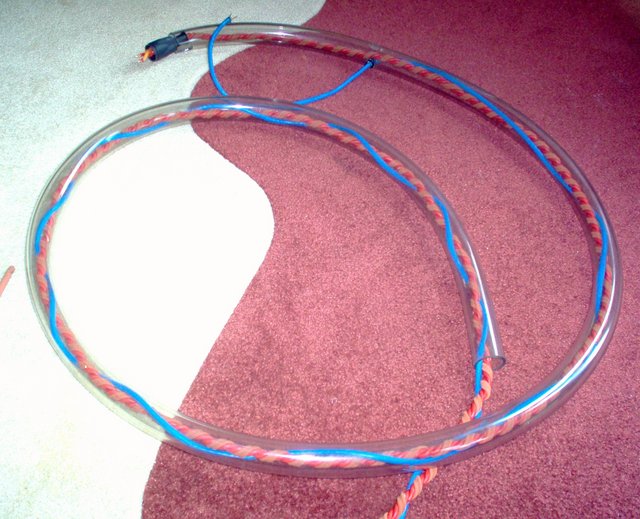 Speaker Cabling 1 - One inch ID chemistry tubing, more one eighth inch ID chemistry tubing, 12 AGW solid copper wire, and Cat5e for the tweeter section.
