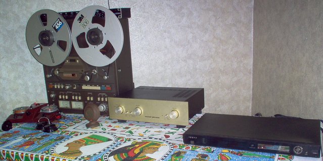 Input Stuff! - Tascam M-32 tape machine, Conrad Johnson PV-7, and an Oppo DV980H. Plus a vintage reel to reel from Germany, U.S. zone manufactured just after WW II. An unknown, but fully functional vintage microphone for harmonica work.