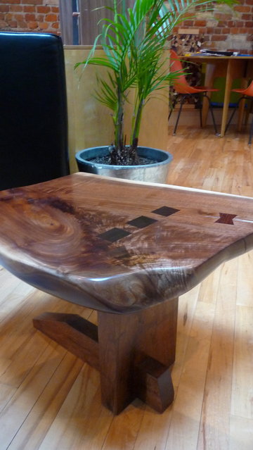 Turntable platform in style of Nakashima - 2.5" solid Black Walnut Crotch with Rosewood inlays.