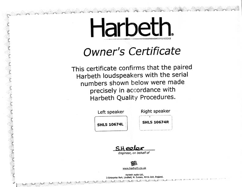 Harbeth-Certificate