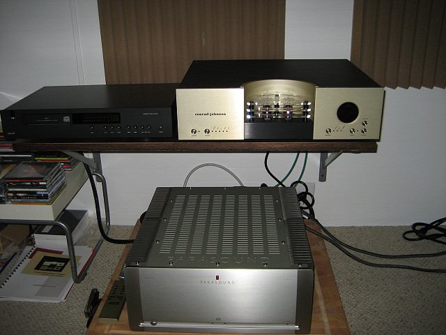 Arcam FMJ CD17, Conrad Johnson CT5 tube preamp, Parasound A21 SS amp