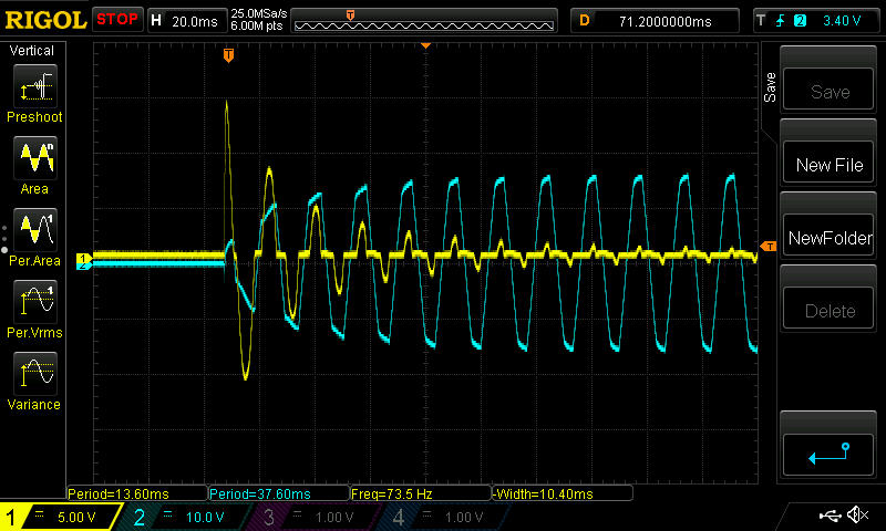 Inrush current on a Phase Linear 700B. Peak current 150 amps.