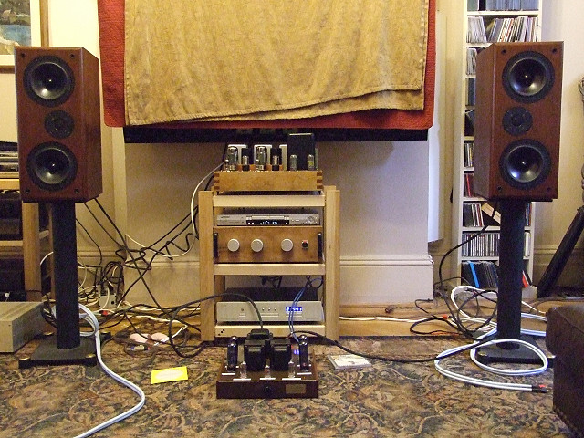 Josh system driven by Jim's amp(on floor)