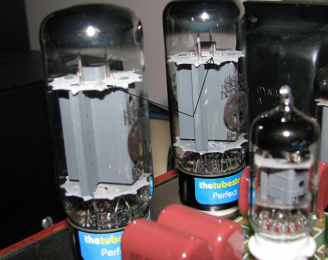 Same 6CA7 tube, variance in construction. The one on the right is correct. No difference in performance.
