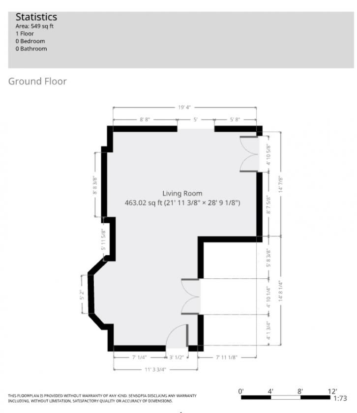 Floorplan of my living room. 9 foot ceilings. The speaker and TV are set up in the upper left corner. Two bay windows are on the left. Top opens to an enclosed porch. Top right opens to a stairway to the upstairs. Bottom right opens to a den. Bottom opens to a kitchen. All doorways are open (no doors). Room sits on a suspended floor over a semi-finished basement.