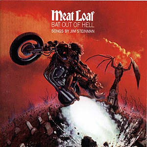 meat loaf bat out of hell front - This album cover made an indelible mark on my mind even though I was far too young to actually be into the music. Now that I own the vinyl I have to say that the music ain't all that great. I appreciate Meatloaf's melodrama and bombast, but the fact is the cover is way cooler than the tunes IMO.