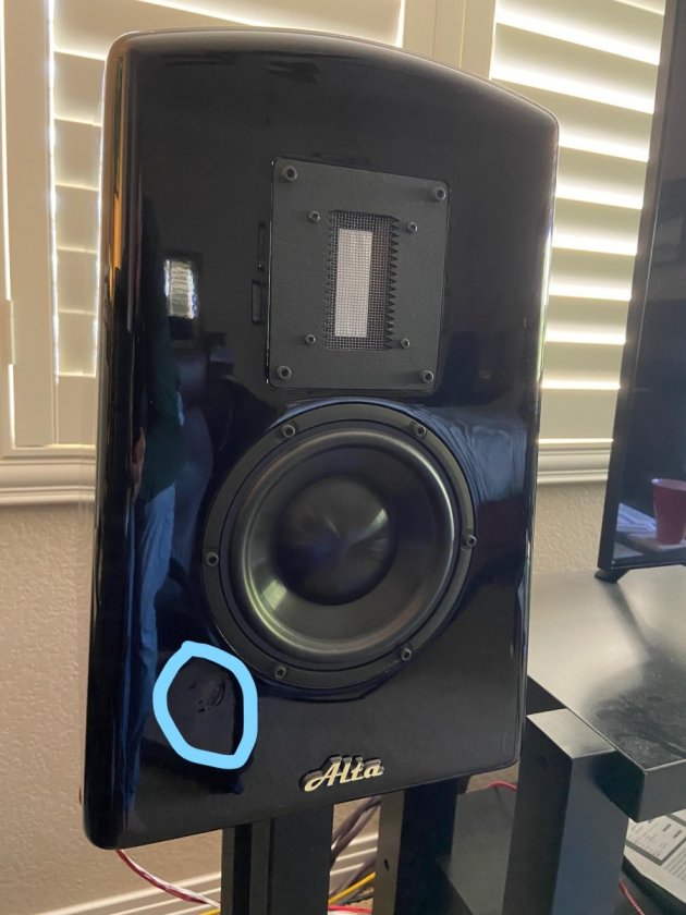 Left speaker showing cosmetic scratch