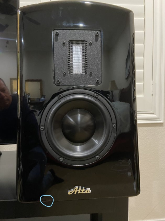 Image of the right speaker with a cosmetic scratch at the lower bottom edge of the speaker.